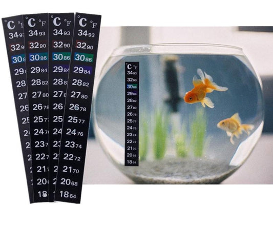 Aquarium temperature sticker set with C/F scale and goldfish graphic on strip