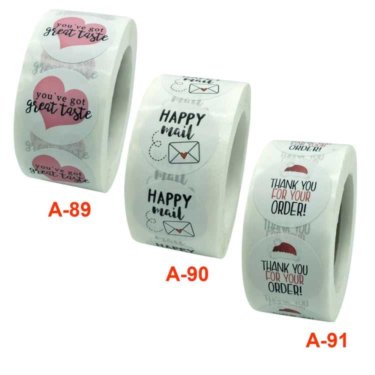 Set of round envelope label stickers (A-89–A-91): great taste, HAPPY mail, thank you