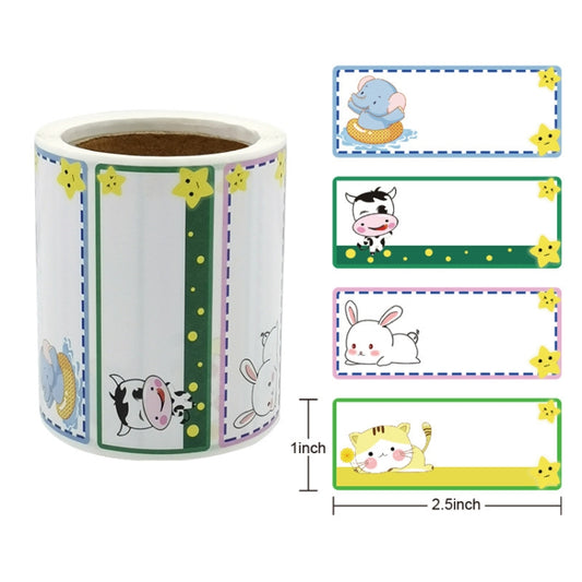 Kids name label stickers, 2.5 x 1 inch, animal print designs on roll