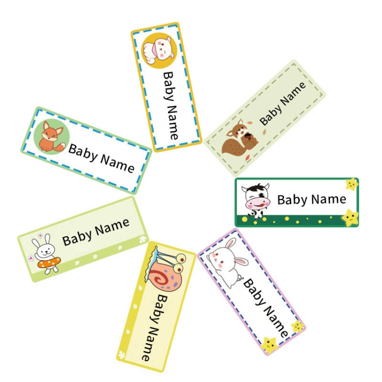 Assorted baby name sticker labels with cute animal icons and green label borders
