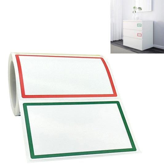 Name label sticker roll with two blank labels, red and green border outlines