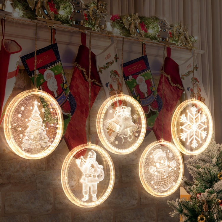LED Christmas light curtain with circular gold medallions, warm lit holiday characters
