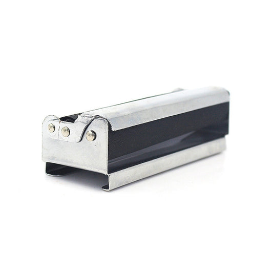 Automatic metal cigarette maker with lid, silver frame and black roller surface