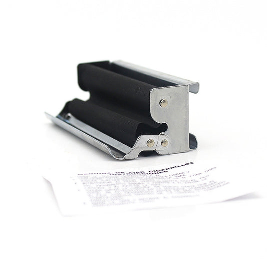 Automatic metal cigarette maker with lid, close-up of front roller tray and hinge