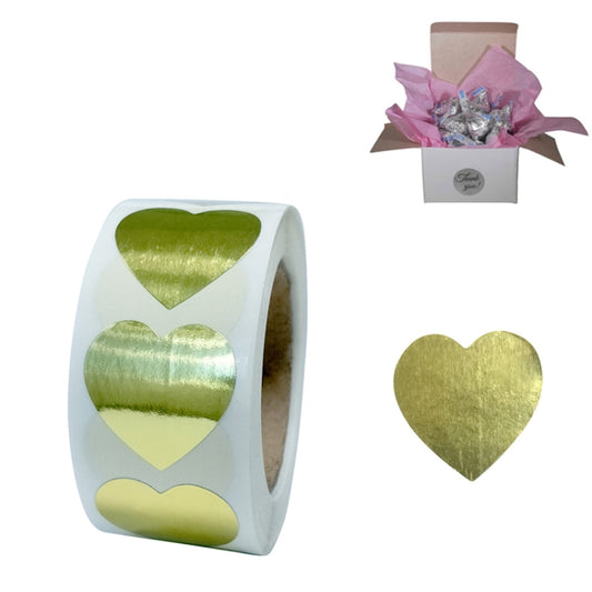 Metallic gold heart stickers on roll, three heart shapes, 2.5 cm label size