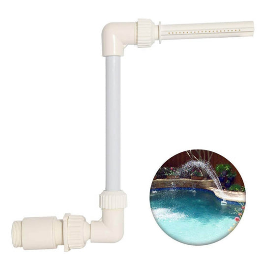 White adjustable pool waterfall fountain nozzle with elbow connector and angled outlet