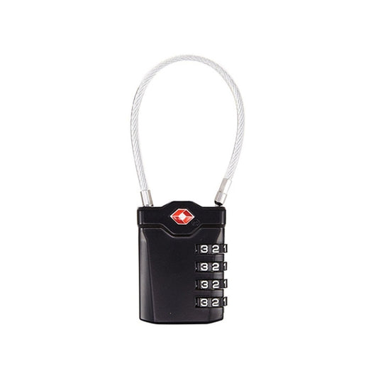 Black luggage combination padlock with braided steel cable and red dot emblem