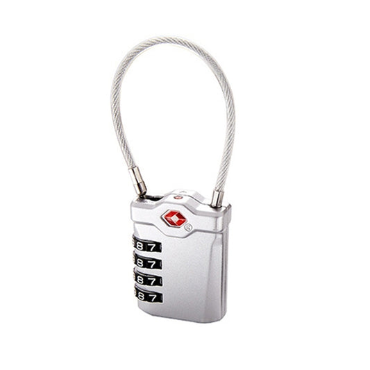 Silver luggage combination padlock with braided steel cable and 3-digit number dials