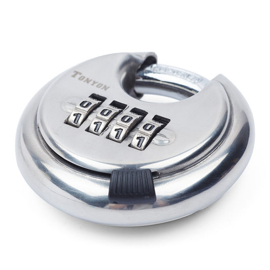 Round stainless steel combination padlock with four number code wheels and black slider