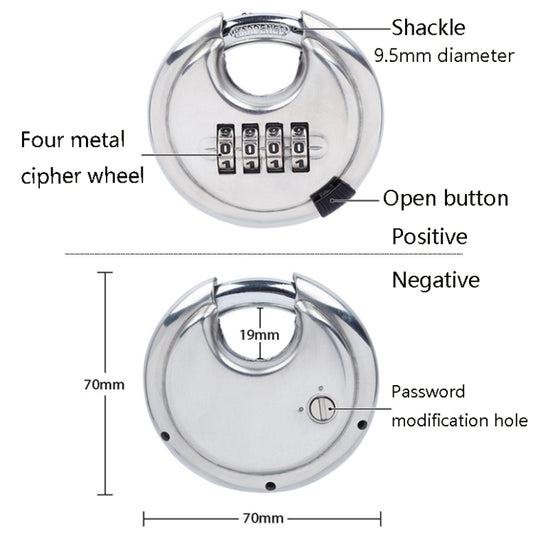 Round stainless steel combination padlock with shackle and four metal cipher wheels