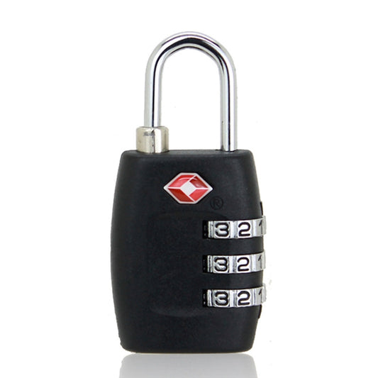 Black TSA luggage combination padlock with chrome U-shackle and three number dials