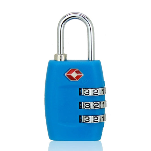 Blue TSA luggage combination padlock with chrome U-shackle and three number dials