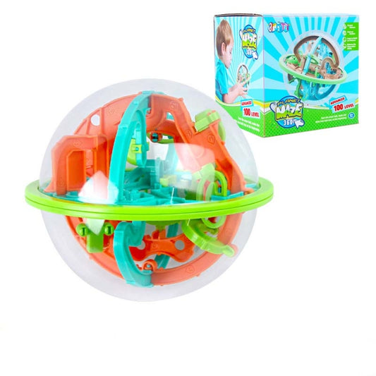Colorful plastic maze ball toy with orange, teal, and green track pieces inside clear dome