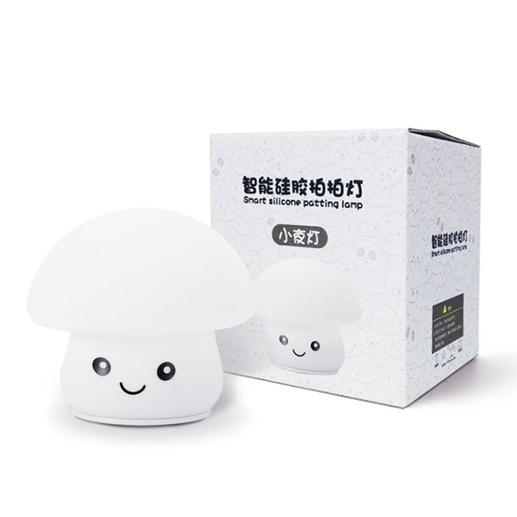 White silicone mushroom night light with cute face and retail box packaging