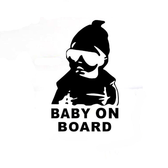 Reflective car sticker: baby silhouette with sunglasses and “BABY ON BOARD” text