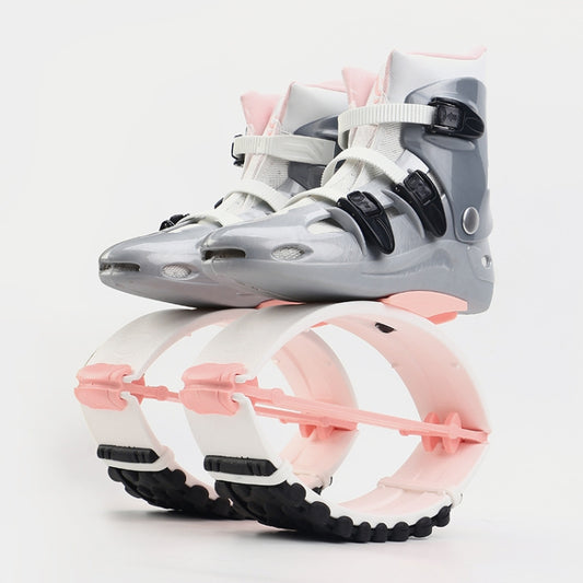 Pink-and-white gray adjustable jumping shoes, side buckle straps and black grips