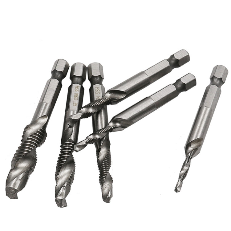 6-piece HSS tap and chamfer bit set with hex shanks, tools laid out
