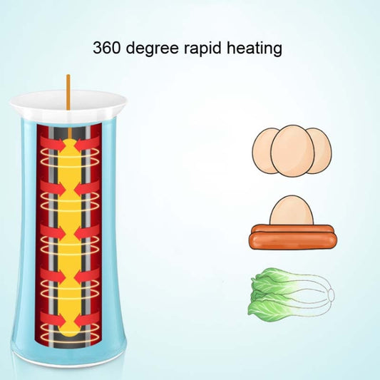Blue egg roll maker with heating cylinder and egg, sausage, and vegetable icons