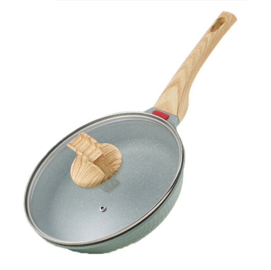 Maifan stone non-stick frying pan with glass lid and wooden handle, dark gray interior