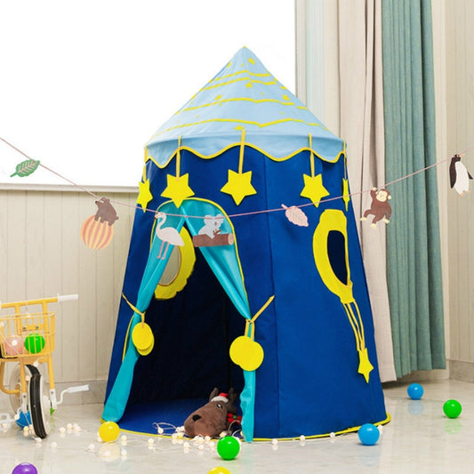 Blue yurt play tent with star window panel, arched doorway, and hanging yellow balls