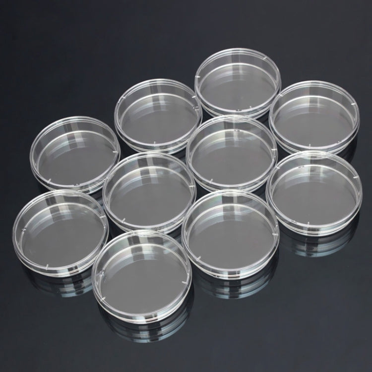 Sterile polystyrene Petri dishes, clear lids, multiple stacks arranged together