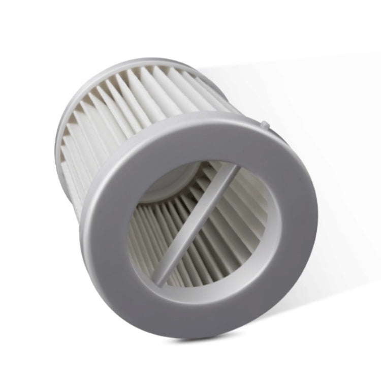 Gray-and-white vacuum filter assembly with pleated core and circular inlet opening
