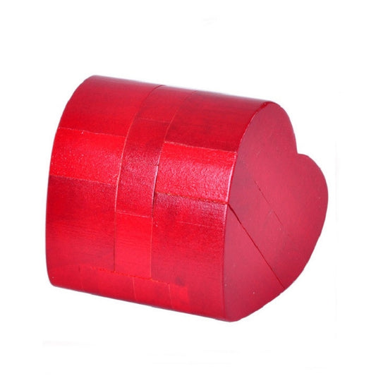 Red wooden barrel puzzle lock, angled view, carved strip panels