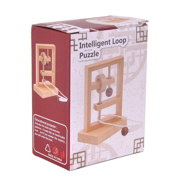 Boxed wooden untie rope thinking puzzle game set with rope and dark ball pieces