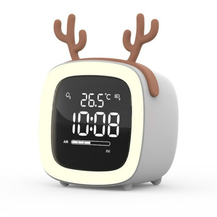 Gray deer-shaped kids LED alarm clock, black screen showing time and day