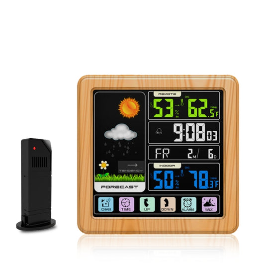 Wood-grain wireless weather clock with color touchscreen and multi-function display