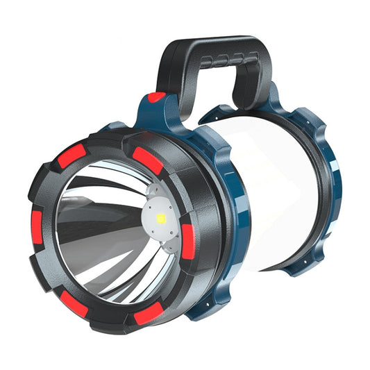 Rechargeable LED flashlight with blue accents, black handle, and red grip bands