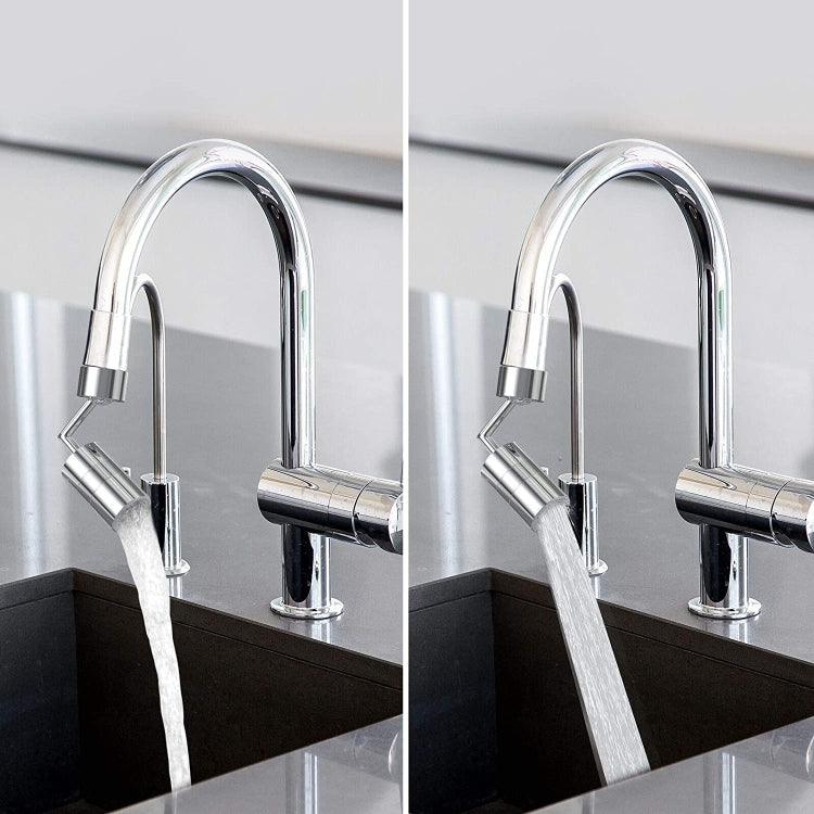 Chrome faucet with two spray positions, showing steady filtered water stream