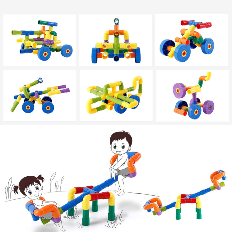 Plastic pipe building blocks with multiple assembled wheeled models