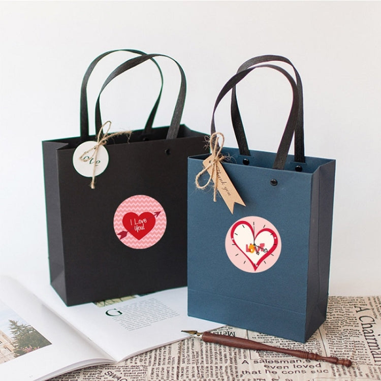 Valentine heart sticker labels on black and blue gift bags, round heart icons