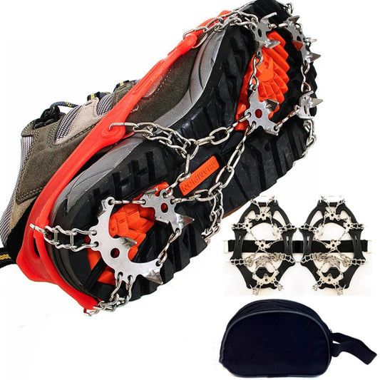 Orange and black 18-tooth snow crampons with chain spikes and spare pairs