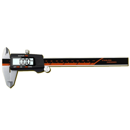 Digital vernier caliper with LCD screen and fixed measuring jaws in metal and black