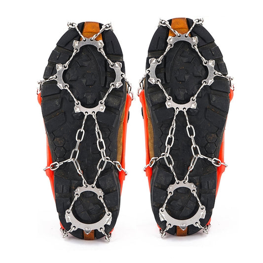 13-tooth stainless steel traction crampon covers with chains, orange side clips, black base