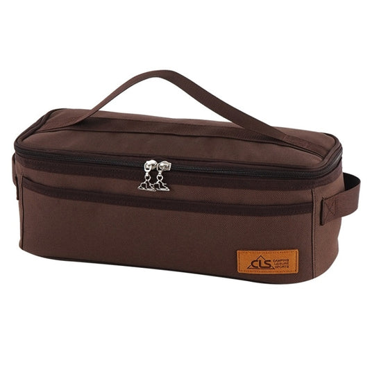Brown zippered storage bag with carry handle, front emblem, and subtle striped bands