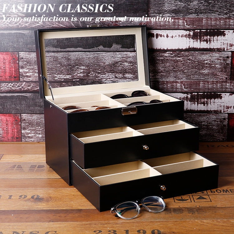 Open black PU leather sunglasses display case with stacked drawers and compartments