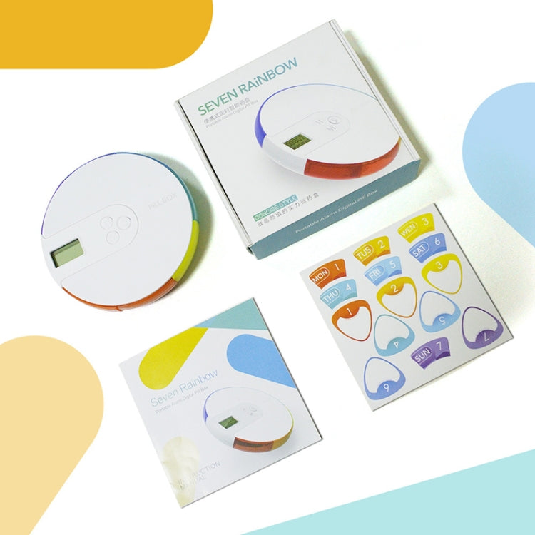 Pill reminder box in retail packaging with rainbow edge and included label sheets