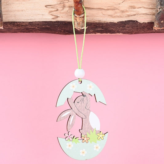 Easter wooden egg pendant with bunny holding a pink egg and flower decals
