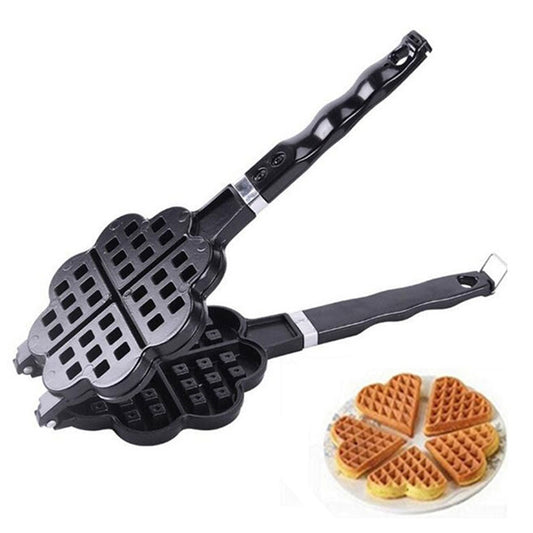 Non-stick waffle maker mold with long handle, open with waffle grid plates