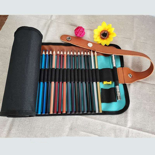 Hexagonal colored pencil set in black-and-brown roll with metal sharpener attachment