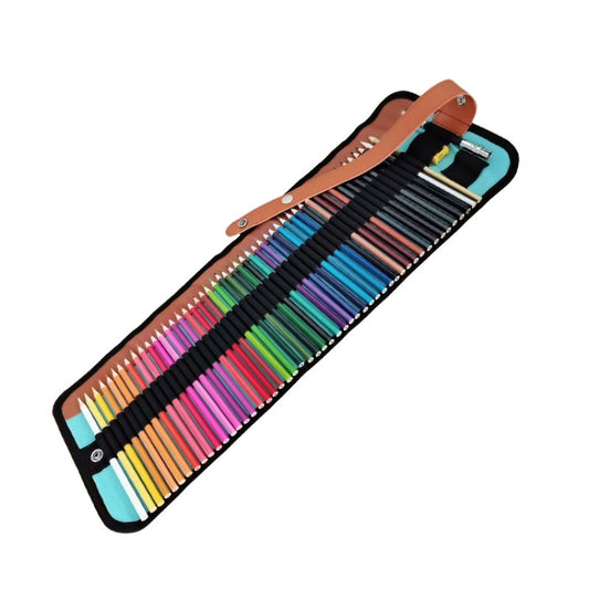 Hexagonal colored pencil set in a leather-style zip roll case with 50 pencils