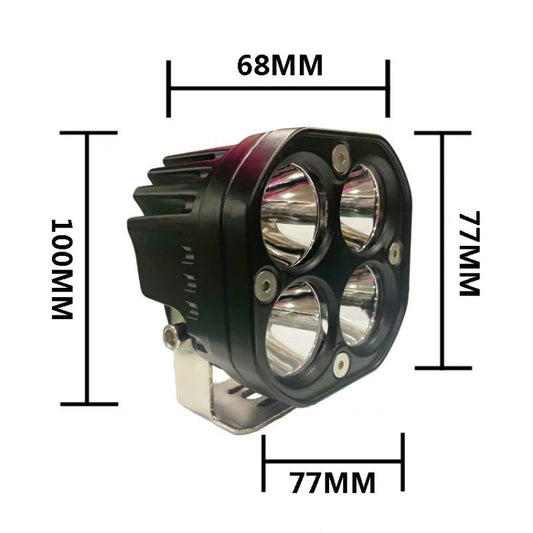 Black quad-LED off-road spotlight with metal bracket, shown with size dimensions