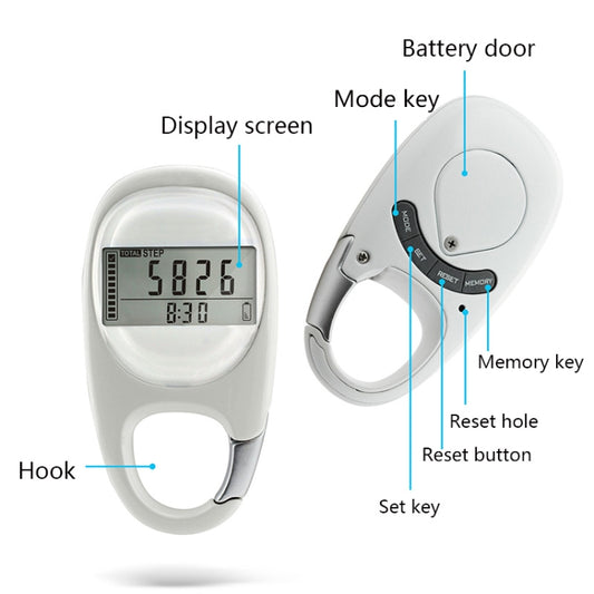 White pedometer keychain with LCD display and carabiner clip, buttons visible