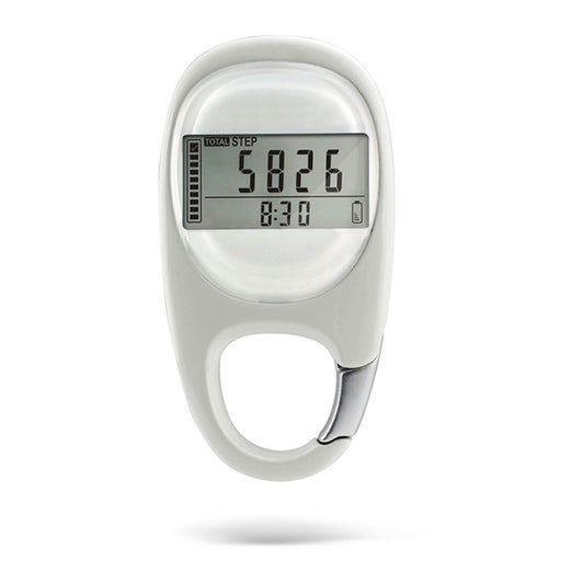 White pedometer keychain with LCD screen showing total steps
