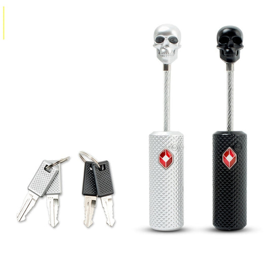 Set of wire rope padlocks: black and silver skull designs with red emblem