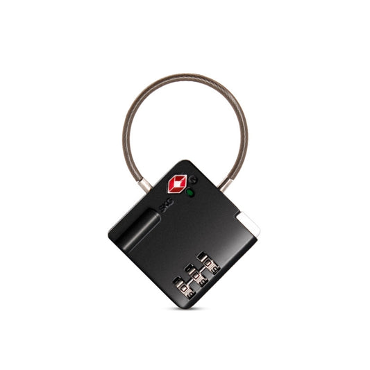 Black TSA combo wire padlock with red/green emblem and 4-digit keypad, loop handle