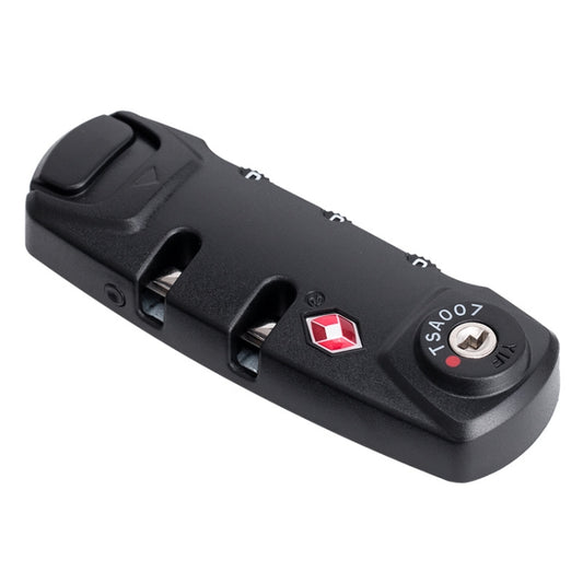 Black TSA luggage code lock with open shackle and combination dials